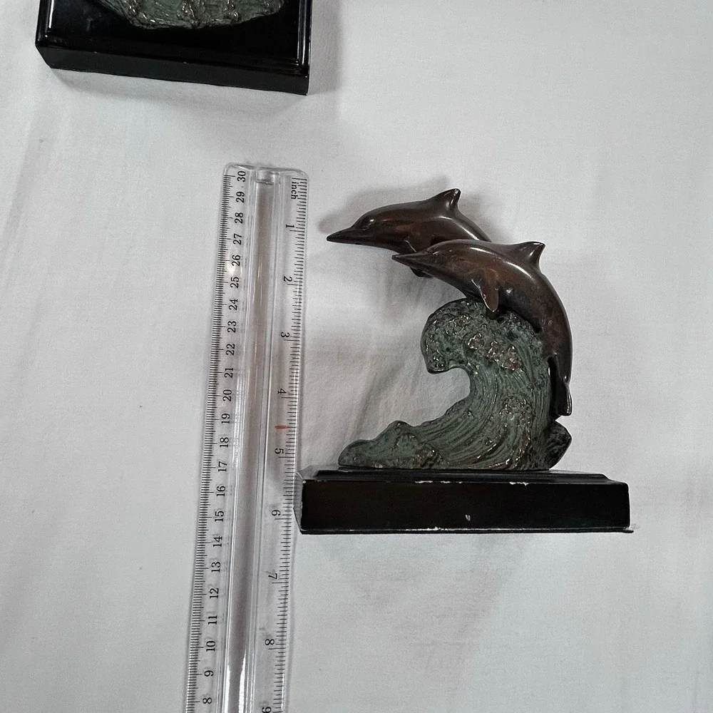 Vintage Brass Pair Of Dolphin Bookends Collectable Decor Figurines Waves MCM